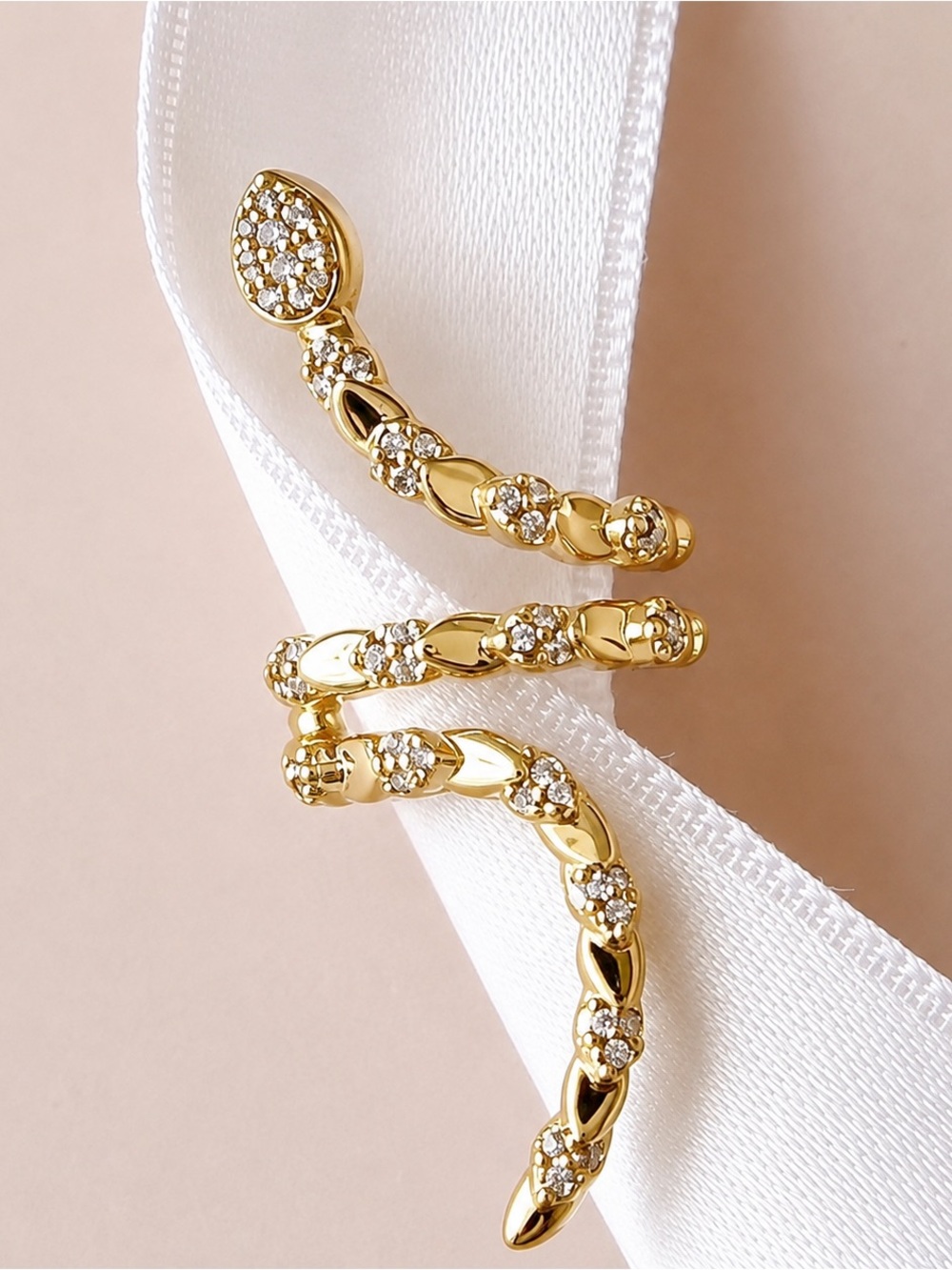 Snake Serpent Scale Textured Long Ear Cuff | 14K Gold Plated with Cubic Zirconia